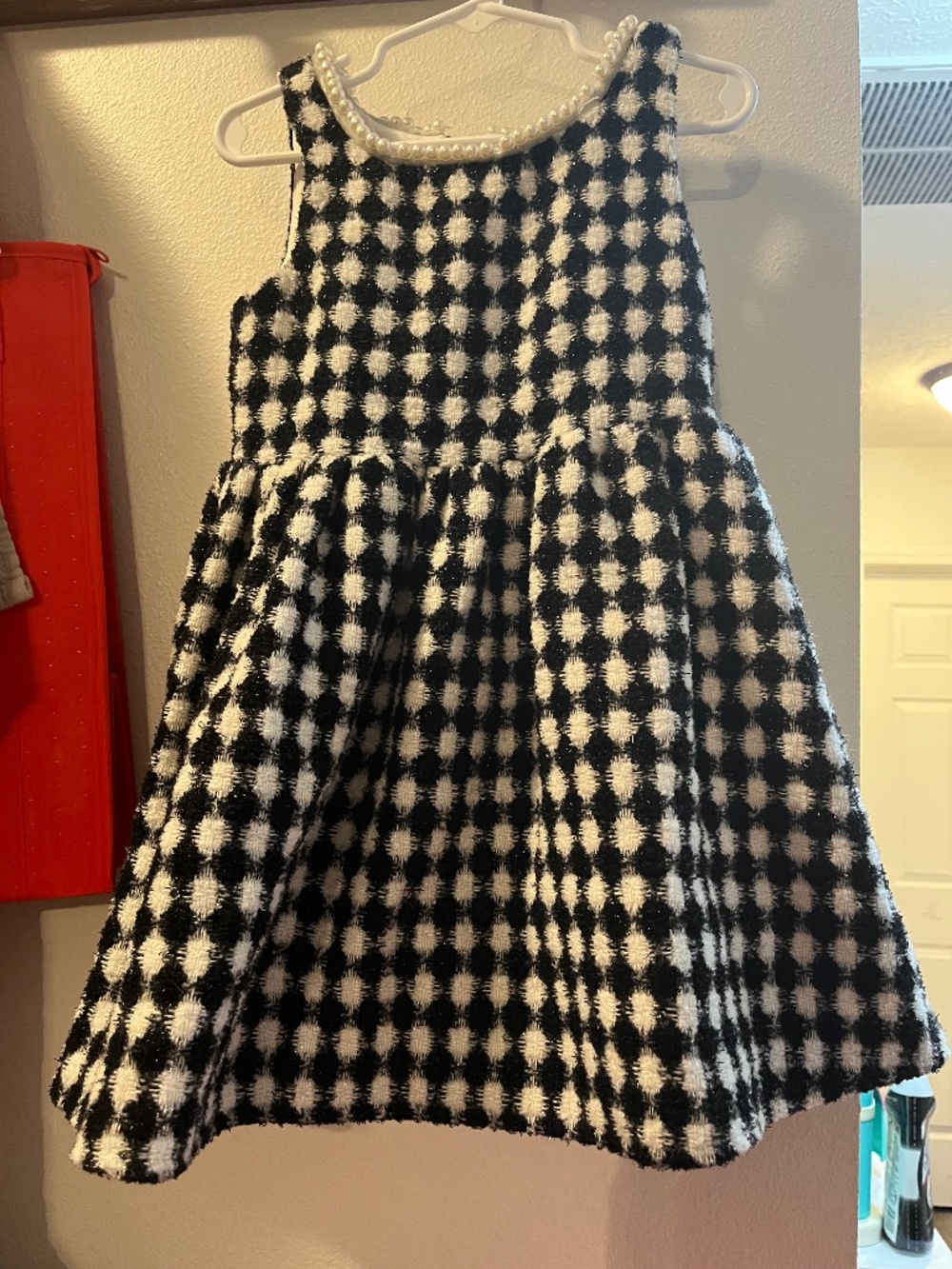 Girls Black & White Check Dress with Pearl Neckline – Size 5